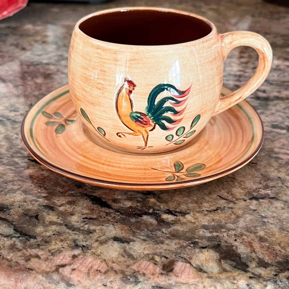 Vintage Pennsbury Pottery Rooster cup saucer American cottage farmhouse